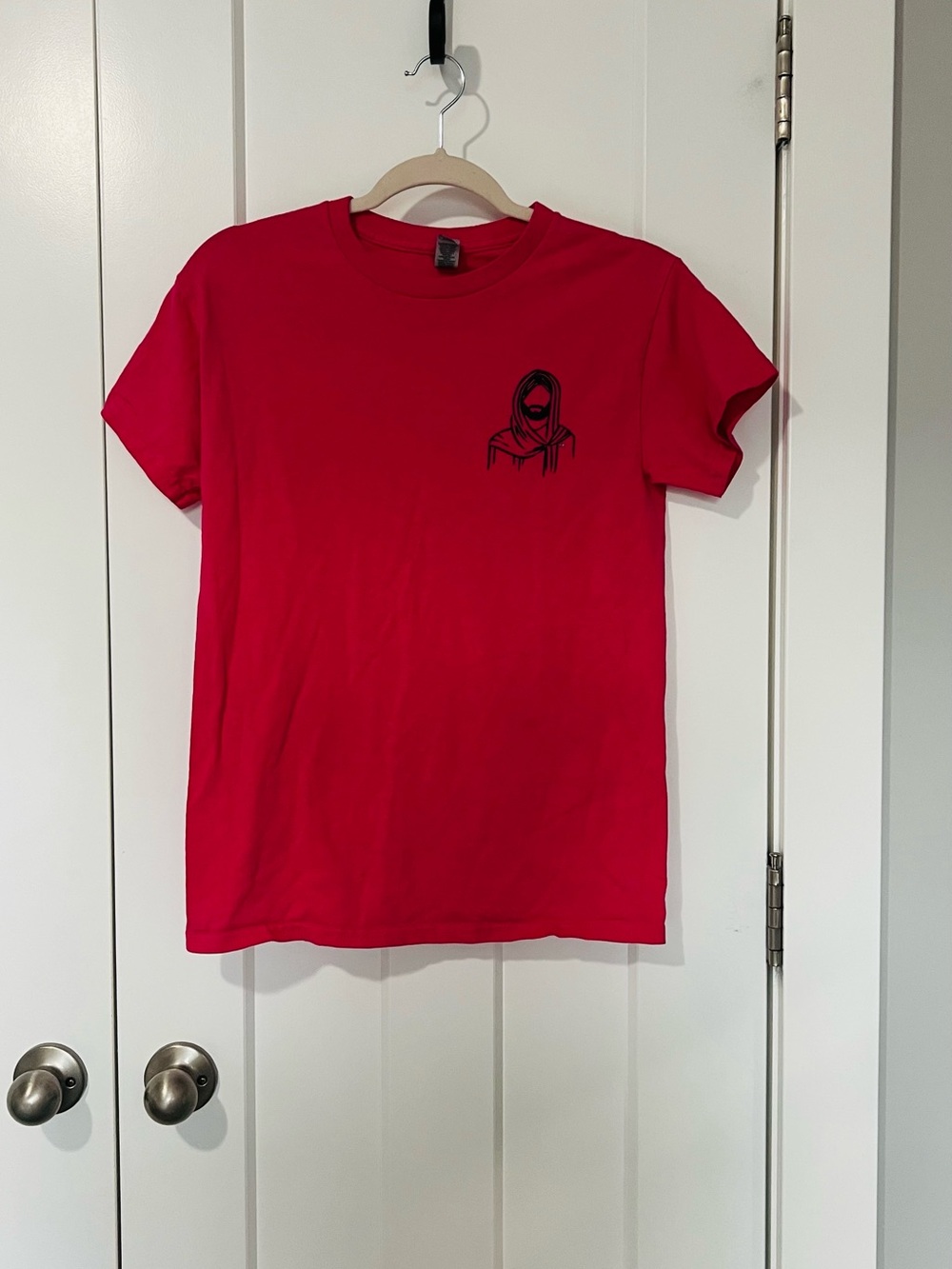 Gildan Hot Pink Cotton Tee with Small Black Graphic